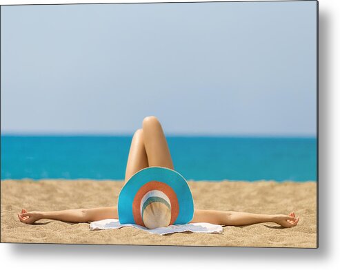 Straw Hat Metal Print featuring the photograph Relaxing and Sunbathing at Beach by Bymuratdeniz