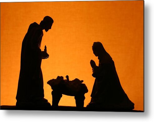 Orange Color Metal Print featuring the photograph Religious: Christmas Nativity Trio Silhouette on Gold by Cstar55