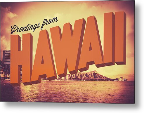 50s Metal Print featuring the photograph Retro Greetings From Hawaii Postcard by Mr Doomits