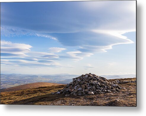 Blue Metal Print featuring the photograph Rocks piled up on Djouce Mountain summit by Semmick Photo