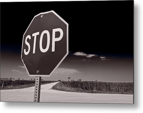 Sign Metal Print featuring the photograph Rural Stop Sign BW by Steve Gadomski