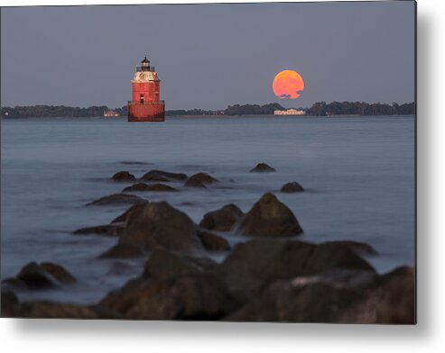 Moonrise Metal Print featuring the photograph Sandy Point Lighthouse Moonrise by Jennifer Casey