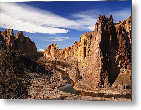 Scenic Rocky Mountain River Rocks Photography Metal Print featuring the photograph Scenic Smith Rock Mountains With Rugged Cliffs Flowing River by Jerry Cowart