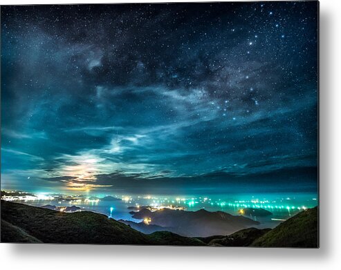 Non-urban Scene Metal Print featuring the photograph SCORPIUS AND THE MOON over hong kong cityscape by Photo by Tse Hon Ning