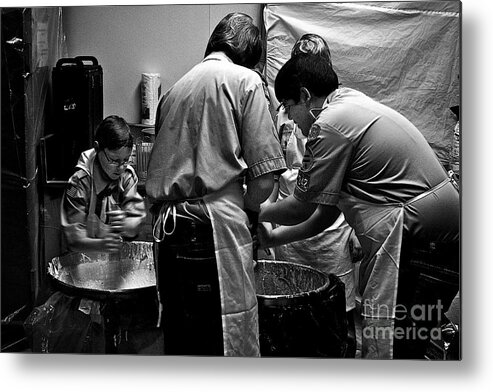 Breakfast Pancake Scouts Boyscouts Cubsouts Blackandwhite Batter Mix Whip Stir Kitchen Coffee Boys Friends Work Fundraise Horizontal America Midwest Illinois Teamwork Pentax Frank J Casella Metal Print featuring the photograph Scouts Pancake Breakfast by Frank J Casella