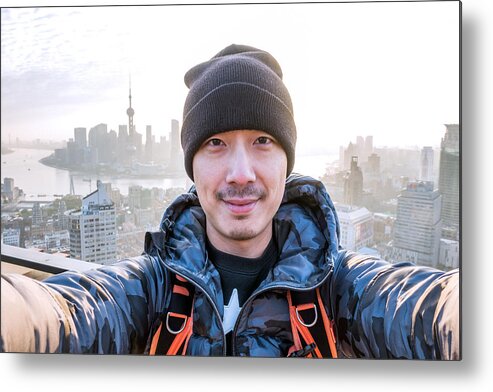 Chinese Culture Metal Print featuring the photograph Selfie Portrait on Rooftop Shanghai China by Yinjia Pan