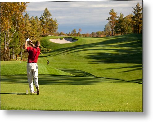 Sand Trap Metal Print featuring the photograph Senior Male Caucasian Golfer Driving off the Tee in Fall by ImagineGolf