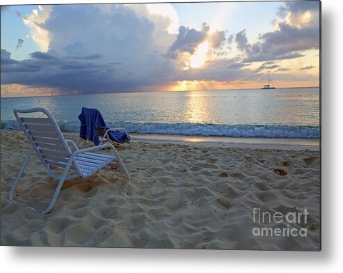 Beach; Grand Cayman; Seven Mile Beach; The Beach; Paradise; The Islands; Caribbean; Soaking It In; Sunsets; Beach Living; Sunset On The Beach; Ocean View; Surf; Ocean; Sailing Away; End Of A Day;   Metal Print featuring the photograph Sunset On Seven Mile Beach by Betty Morgan