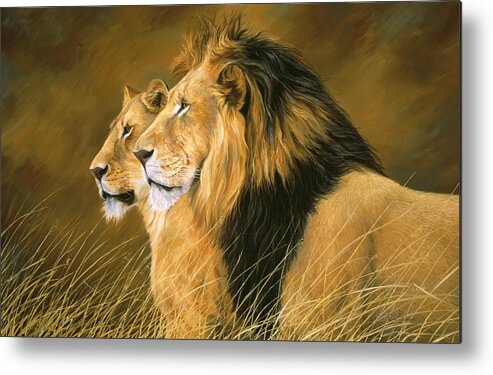 Lion Metal Print featuring the painting Side by Side by Lucie Bilodeau