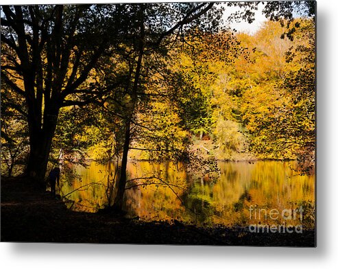 Bramshott Metal Print featuring the photograph Silhouette of girl playing at waters edge of a lake in autumn by Peter Noyce