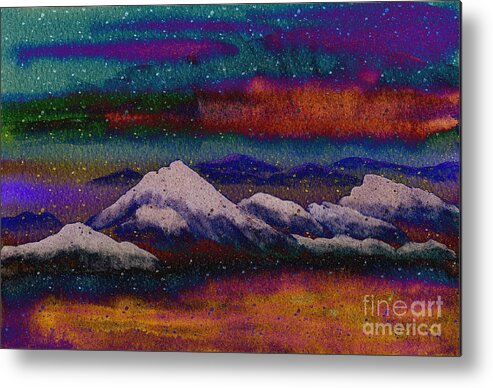 Snowy Mountains Metal Print featuring the mixed media Snowy Mountains on a Colorful Winter Night by Beverly Claire Kaiya