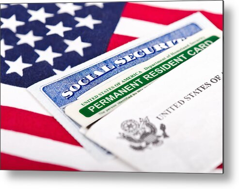 Social Security Card Metal Print featuring the photograph Social Security card and permanent resident on USA flag by Leekris