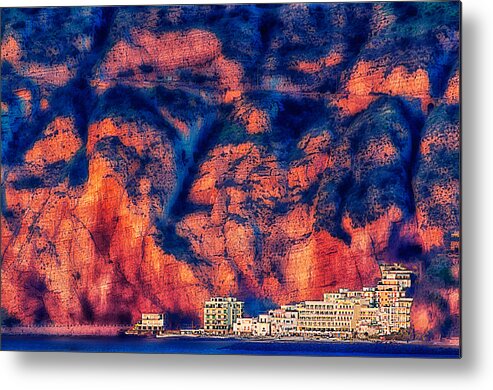 Pompei Metal Print featuring the photograph Sorrento coast with buildings against the rock wall by Enrico Pelos