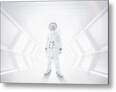 Sports Helmet Metal Print featuring the photograph Spaceman standing in tunnel by Tim Bird