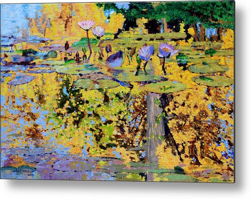 Garden Pond Metal Print featuring the painting Sparkles on the Lily Pond by John Lautermilch
