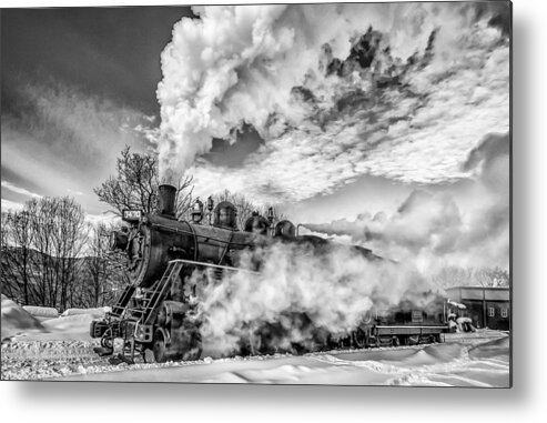 Canadian National Railway #7470 Metal Print featuring the photograph Steam in the Snow Black and White Version by Thomas Lavoie