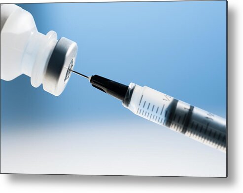 Two Objects Metal Print featuring the photograph Studio Shot Of Syringe And Vial by Tetra Images