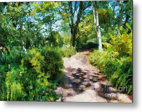 Garden Path Metal Print featuring the digital art Sunlit garden path by Fran Woods