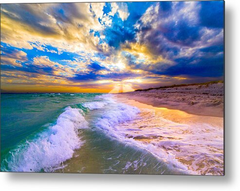 Waves Metal Print featuring the photograph Sunrays Breaking over Blue Sea-Destin Florida Sunset by eSzra