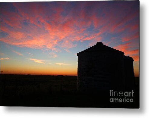 Sunrise; Sunrise On The Farm; Beauty; The Great Outdoors; Beginnings; Beginning Of A Day; Grain Bins; Sunrise Over Grain Bins; Sillouette Of Grain Bins At Sunrise; On The Farm ; Daybreak; Sunup; The Day Doesn't Start Much Better Than This; Good Start To The Day;  Glory Be Metal Print featuring the photograph Sunrise on the Farm by Betty Morgan