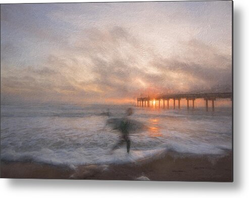 St Augustine Metal Print featuring the photograph Sunrise surfer by the pier by Stacey Sather