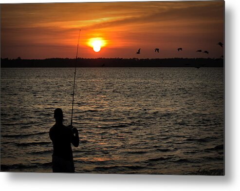 Cape Fear River Sunset Greeting Cards Metal Print featuring the photograph Sunset Fisherman by Phil Mancuso