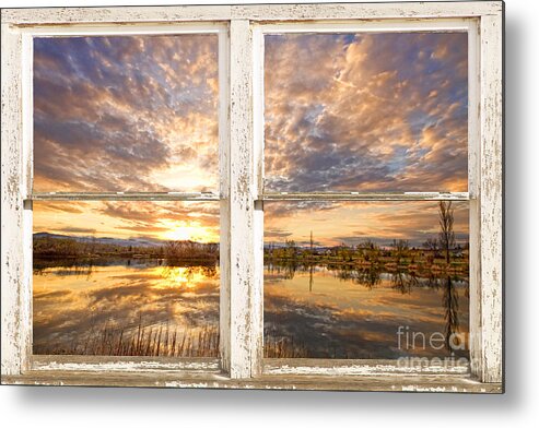 Window Metal Print featuring the photograph Sunset Reflections Golden Ponds 2 White Farm House Rustic Window by James BO Insogna