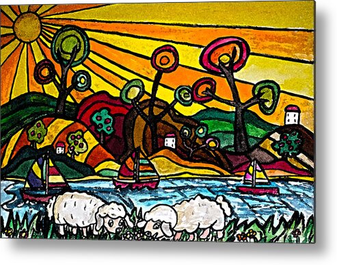 Landscape Metal Print featuring the painting Sunset Sheep by Monica Engeler