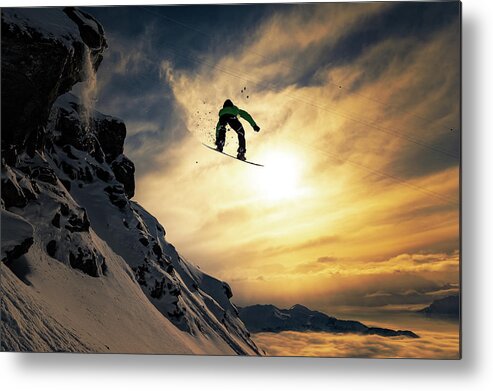 Snowboard Metal Poster featuring the photograph Sunset Snowboarding by Jakob Sanne