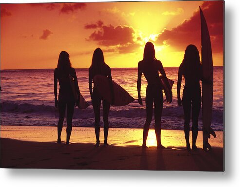 Surfer Girls Metal Print featuring the photograph Surfer girl silhouettes by Sean Davey