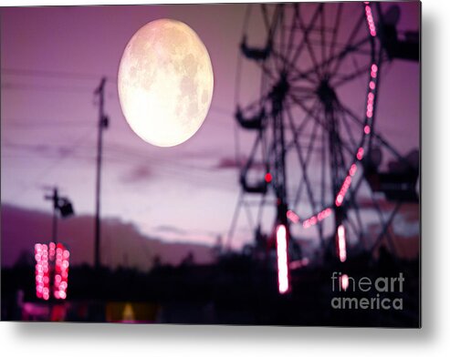 Carnival Ferris Wheel Photos Metal Print featuring the photograph Surreal Fantasy Purple Night Ferris Wheel Full Moon by Kathy Fornal