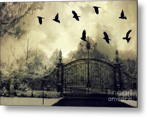 Ravens Metal Print featuring the digital art Surreal Gothic Spooky Haunting Gate With Ravens by Kathy Fornal