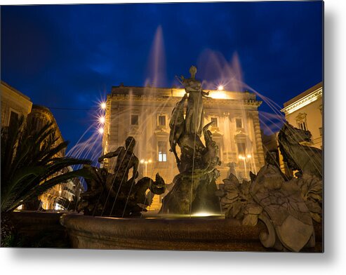 Fountain Metal Print featuring the photograph Syracuse Sicily Blue Hour - Fountain of Diana on Piazza Archimede by Georgia Mizuleva