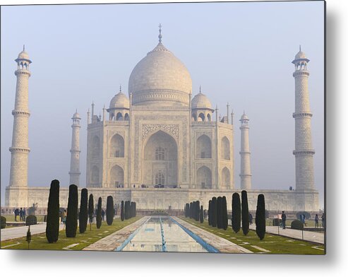 Green Metal Print featuring the photograph Taj Mahal in the morning with haze in the sky by Brandon Bourdages