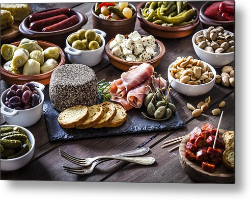 Tapenade Metal Print featuring the photograph Tapas on rustic wooden table by Fcafotodigital