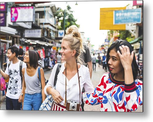 Young Men Metal Print featuring the photograph Thailand, Bangkok, Khao San Road, group of friends exploring the city by Westend61
