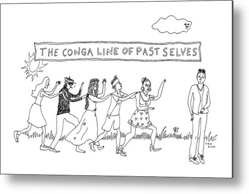 Captionless Conga Line Metal Print featuring the drawing The Conga Line Of Past Selves -- A String by Liana Finck