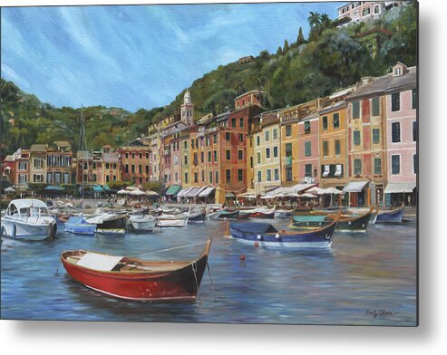 Portofino Metal Print featuring the painting The Red Boat by Emily Olson