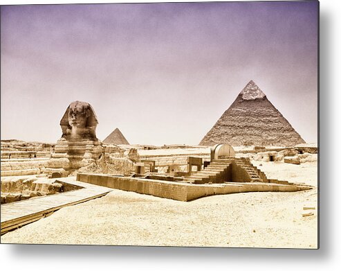 Statue Metal Print featuring the photograph The Sphinx In Front Of The Pyramids by Audun Bakke Andersen