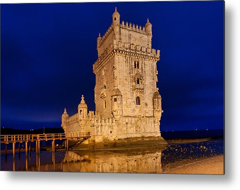  Metal Print featuring the photograph The Tower of Belem in Lisbon at the Blue Hour by Mitchell R Grosky