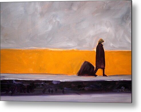 Abstract Metal Print featuring the painting The Yellow Wall by Nancy Merkle