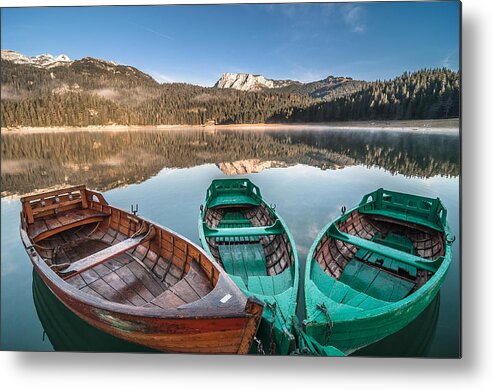 Landscape Metal Print featuring the photograph Three boats by Sergey Simanovsky