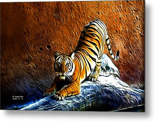 Tiger; Tiger Art; Animals; Animal; Animal Lovers; Wildlife; James Ahn; Rateitart; Fractal Animals; Pop Art; Animal Art; Decor; Home Decor Metal Print featuring the digital art Tiger Pounce - Fractal - S by James Ahn