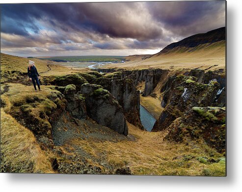 Extreme Terrain Metal Print featuring the photograph Tourist At Fjadrargljufur Canyon by Anna Gorin