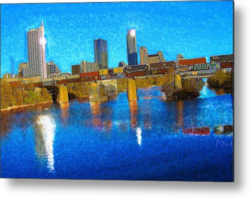 Austin Cityscape Blue Sky Clouds Longcenter Happy Life Joy Interior Design Metal Print featuring the digital art Train Spoting by Phillip Mossbarger
