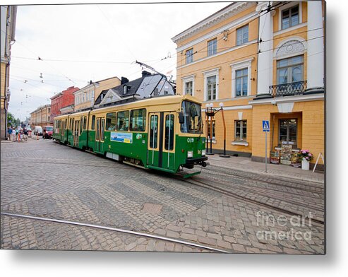 Street Car Metal Print featuring the photograph Tram on Helsinki Street by Thomas Marchessault