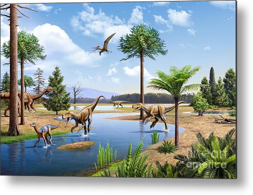 Horizontal Metal Print featuring the digital art Two Herrerasaurus Dinosaurs Chasing by Mohamad Haghani