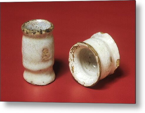 Red Background Metal Print featuring the photograph Two Ointment Pots by Science Photo Library