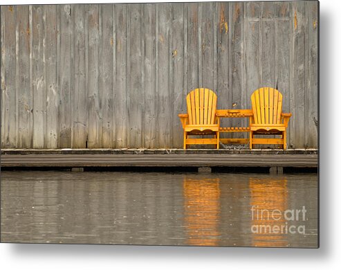 Two Metal Print featuring the photograph Two wooden chairs on an old dock by Les Palenik