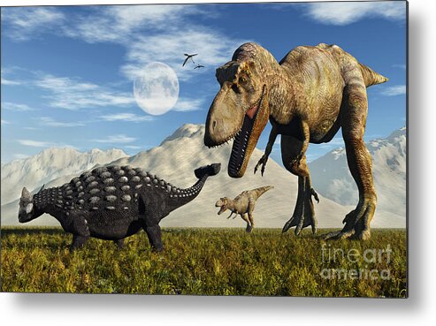 Horizontal Metal Print featuring the digital art Tyrannosaurus Rex Dinosaurs Confronting by Mark Stevenson